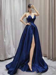 Vintage A-Line V Neck Satin Dark Blue Long Prom Dress, Blue Long Formal Dress P2544