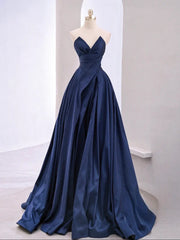 Vintage A-Line V Neck Satin Dark Blue Long Prom Dress, Blue Long Formal Dress P2544