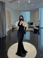 Unique Mermaid Sweetheart Black Long Prom Dress With Sleeves P584