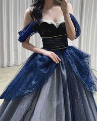 Gothic Glitter Blue Princess Tulle Prom Dress Blue Long Evening Dress P612