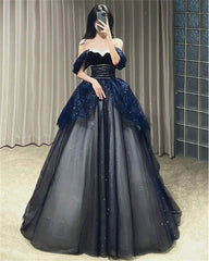 Gothic Glitter Blue Princess Tulle Prom Dress Blue Long Evening Dress P612