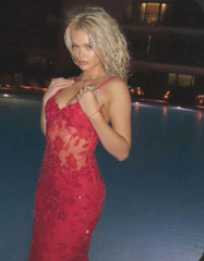 Beautiful Spaghetti Straps Birthday Party Dresses Red Lace Prom Dresses P690