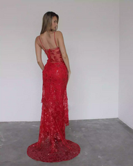 Beautiful Spaghetti Straps Birthday Party Dresses Red Lace Prom Dresses P690