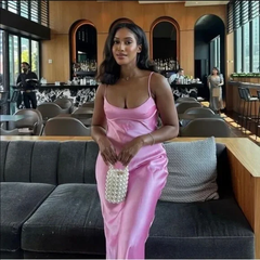 Simple A line Straps Sleeveless Party Dress Silk Satin Pink Prom Dress P844