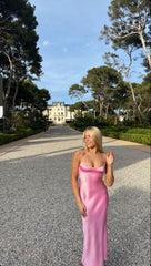 Simple A line Straps Sleeveless Party Dress Silk Satin Pink Prom Dress P844