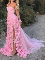 Sexy A line Sweetheart Sleeveless Party Dress Pink Slit Flowers Prom Dress P861