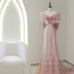 Modest A line Pink Short Sleeves Sequin Ruffles Long Prom Dresses PP1007