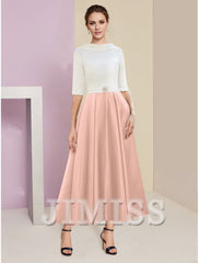 A-Line Mother of the Bride Dress Wedding Guest Elegant Vintage Jewelry Collar Tea Length Charmeuse Satin Half Sleeves with Ruffles Crystals