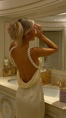 Pearl Straps Patel Yellow Satin Long Prom Dress Backless Birthday Dress, AST901
