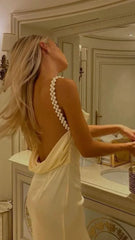 Pearl Straps Patel Yellow Satin Long Prom Dress Backless Birthday Dress, AST901