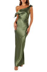 A noble one shoulder off the shoulder satin bow long evening dress