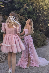 Aimishang Charming Pink Strapless 3D Flower Tulle Mermaid Long Prom Dress With Slit