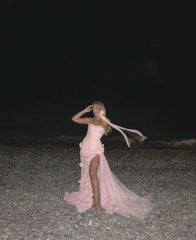 Pink 3D Floral Mermaid Tulle Long Prom Dress, AST918