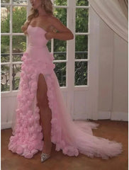 Pink 3D Floral Mermaid Tulle Long Prom Dress, AST918