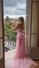 Pink 3D Floral Mermaid Tulle Long Prom Dress, AST918