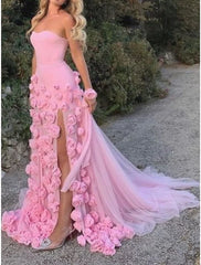 Pink 3D Floral Mermaid Tulle Long Prom Dress, AST918