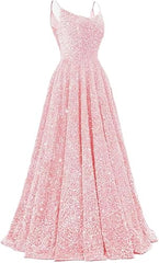Spaghetti Straps Prom Dresses Sequin Long Formal Ball Gowns Sparkly A-Line Evening Party Gown Wholesale