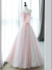 A-Line Tulle Pink Long Prom Dress, Pink Long Formal Dress