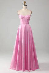 Glitter Pink A Line Spaghetti Straps Backless Long Corset Prom Dress Sexy