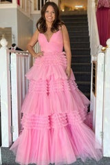 A-Line Deep V Neck Tiered Long Prom Dress Sexy