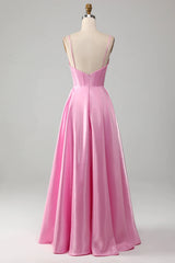 Glitter Pink A Line Spaghetti Straps Backless Long Corset Prom Dress Sexy