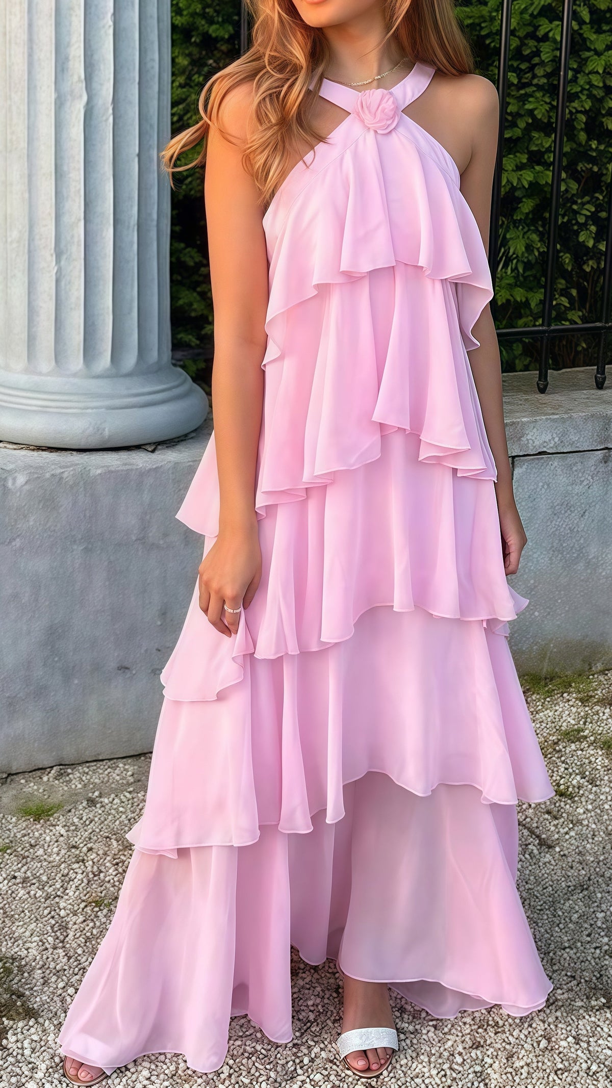 Pink Ruffle Chiffon Party Dress, AST1734