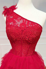 Plus Size Ball Gown Lace One Shoulder Multi-Tiered Prom Dress with Ruffles Floor Length