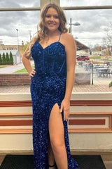 2024 Plus Size Blue Sequin Iridescent Prom Dresses Spaghetti Straps
