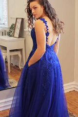 2024 Princess Long V Neck Dark Blue Prom Dress Lace Appliques Formal Gowns