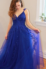 2024 Princess Long V Neck Dark Blue Prom Dress Lace Appliques Formal Gowns