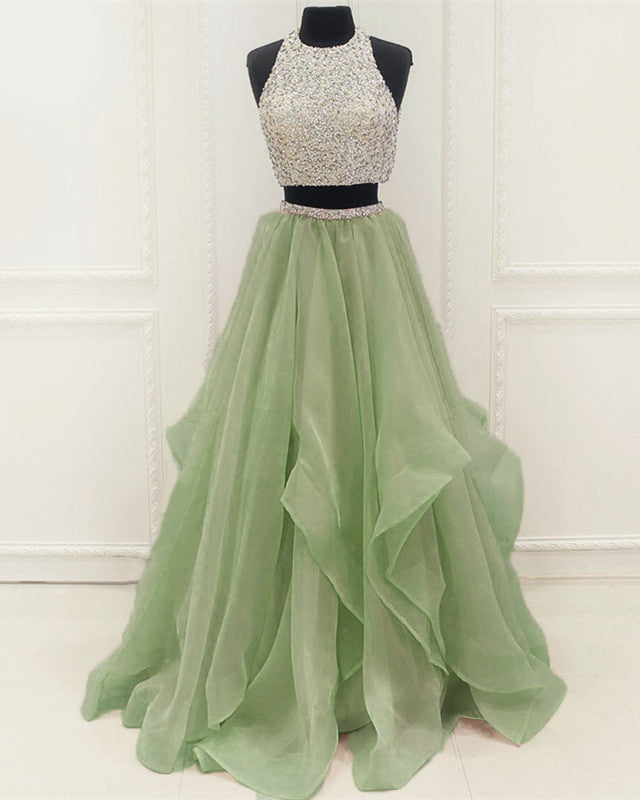 Sequins Beaded Organza Layered Two Piece Ballgowns Prom Dress