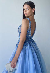 Prom Dresses V Neck Tulle With Beading Sweep Tran A Line Floor Length Sexy