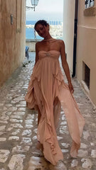 Puffy Pink Chiffon Beach Party Dress, Senior Prom Dress For Women, AST1735