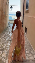 Puffy Pink Chiffon Beach Party Dress, Senior Prom Dress For Women, AST1735