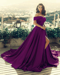 Elegant Prom Dresses Satin Front Slit Off Shoulder