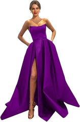 Womens Long Strapless Satin Prom Dress Sleeveless Slit Evening Ball Gown Off Shoulder Party Dress Wholesale