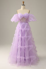 Purple Tulle Off The Shoulder Prom Dress Long Sexy