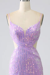 Sparkly Purple Mermaid Spaghetti Straps Sequins Prom Dress with Slit Charming Evening Party Dress