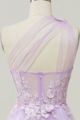 Elegant A Line One Shoulder Purple Long Prom Dress with Appliques Beautiful