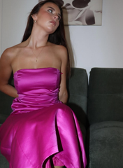 Sheath Strapless Hot Pink Satin Prom Dress Wedding Party Gown