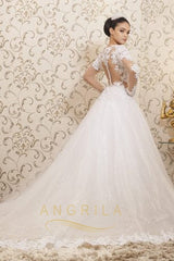 Ball-Gown Chapel Train Scoop Neck Wedding Dress with Sleeves