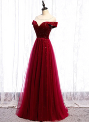 Wine Red Velvet and Tulle Long Prom Dress, A-line Wine Red Floor Length Prom Dress