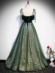 Green Straps Velvet Long Lace Prom Dresses P538