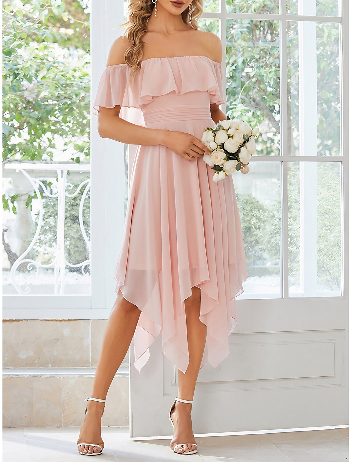 Bridesmaid Dresses Wedding Guest Dress Midi Dress Pink Short Sleeve Pure Color Ruched Summer Spring Fall Off Shoulder Party Wedding Guest Birthday Vacation