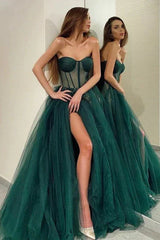 Wholesale Green Long Prom Dress A Line Off Shoulder Tulle Sweetheart Formal Evening Dress