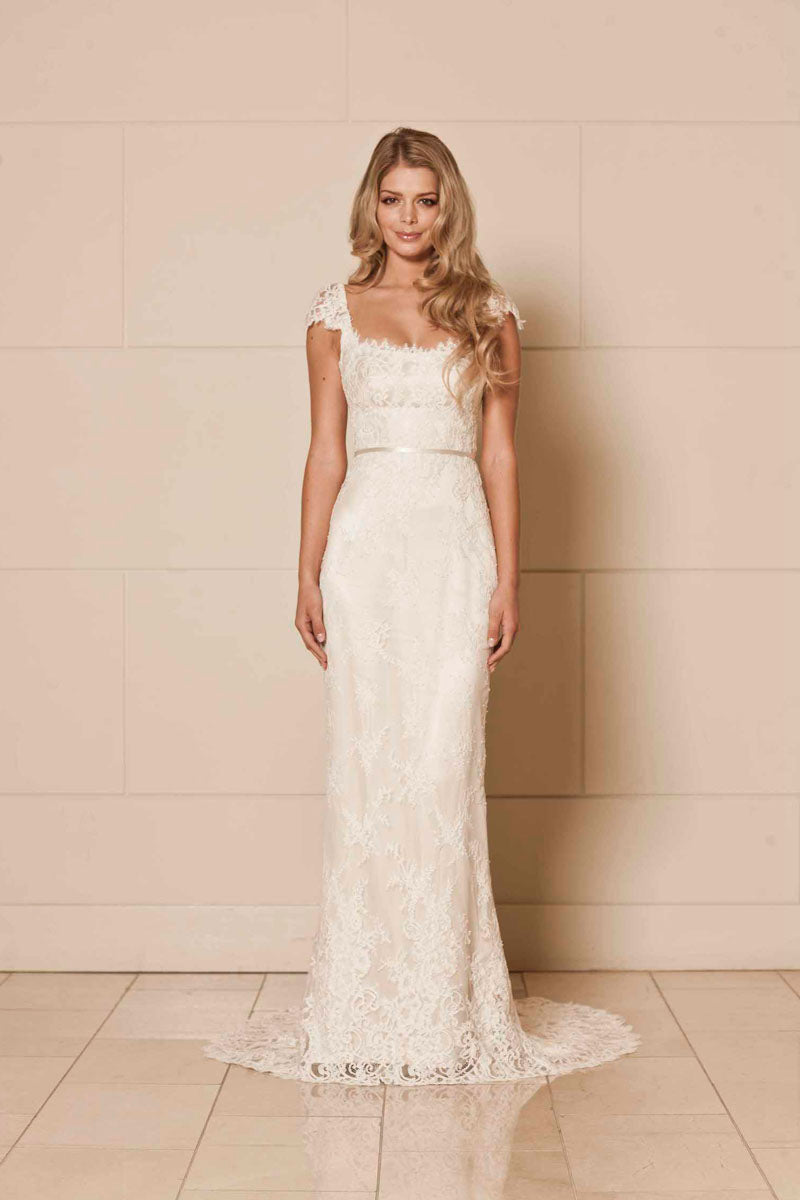 Sheath/Column Square Neckline Sweep Train Lace Wedding Dress