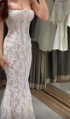 White Strapless Appliques Lace Mermaid Elegant Wedding Dress Floor Length Charming Wholesale
