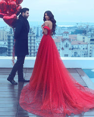 Red Tulle  Off The Shoulder Long Prom Evening Dresses Pearl Beaded