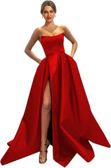 Womens Long Strapless Satin Prom Dress Sleeveless Slit Evening Ball Gown Off Shoulder Party Dress Wholesale