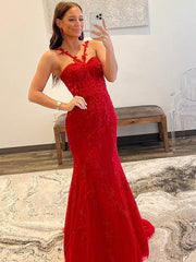 2024 Red Lace Prom Dresses Mermaid Sleeveless Formal Evening Dresses UK